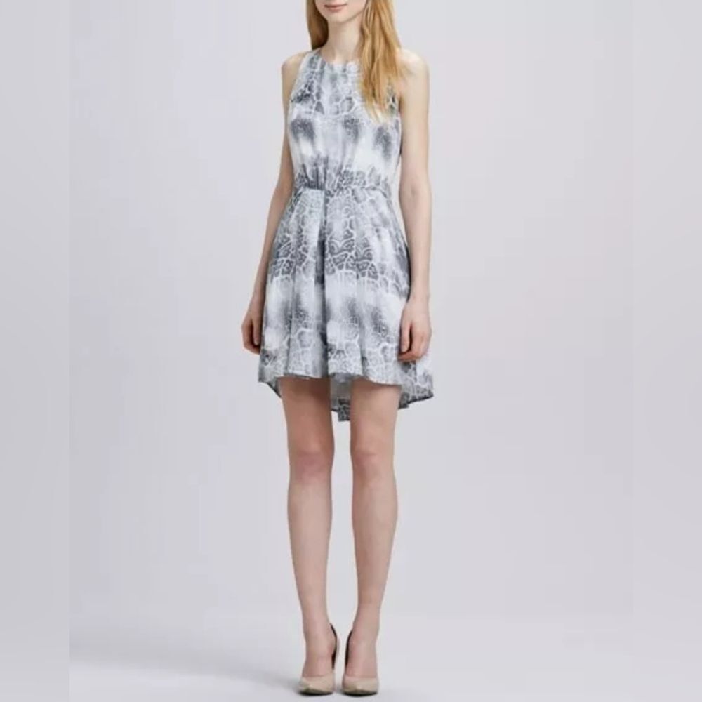 Rebecca Taylor Silk Animal Print Sleeveless Dress Size 12 Gray White A-Line